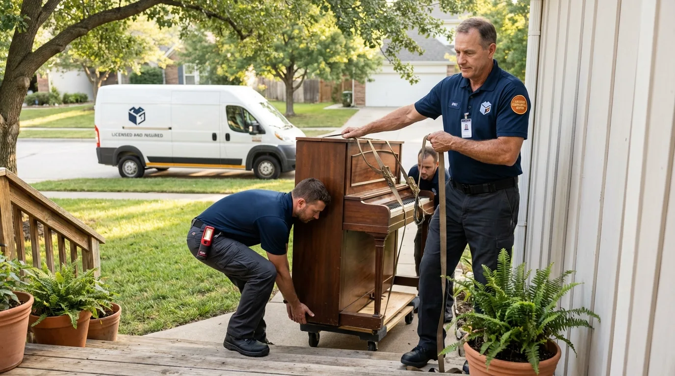 Licensed piano movers securing grand piano in Mars Hill, NC