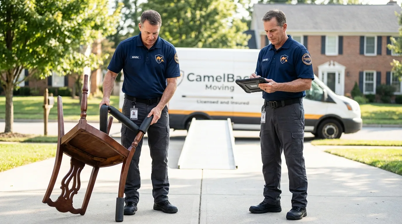 Movers inspecting furniture for damage prevention before loading in Mars Hill, NC
